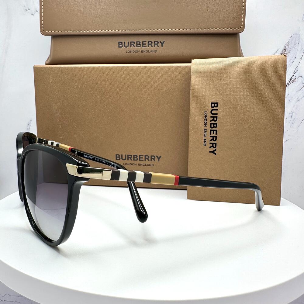 New Burberry Sunglasses Black Cat Eye Check Arms Gold Hardware Womens BURBERRY - Picture 13 of 16